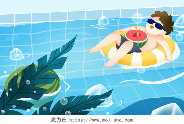 卡通手绘小暑之泳池避暑的小少年原创插画海报